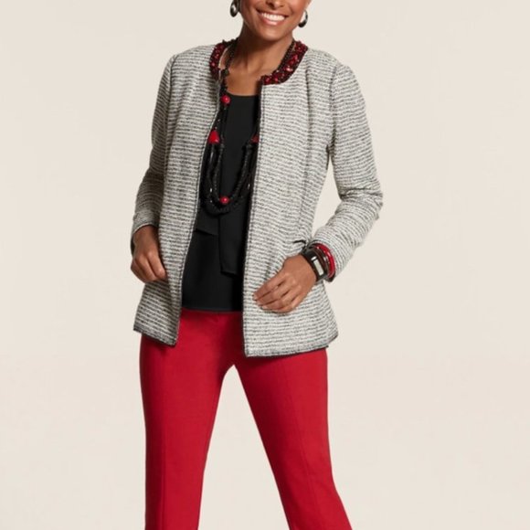 Chicos Embellished Neckline Tweed Jacket - Picture 1 of 7